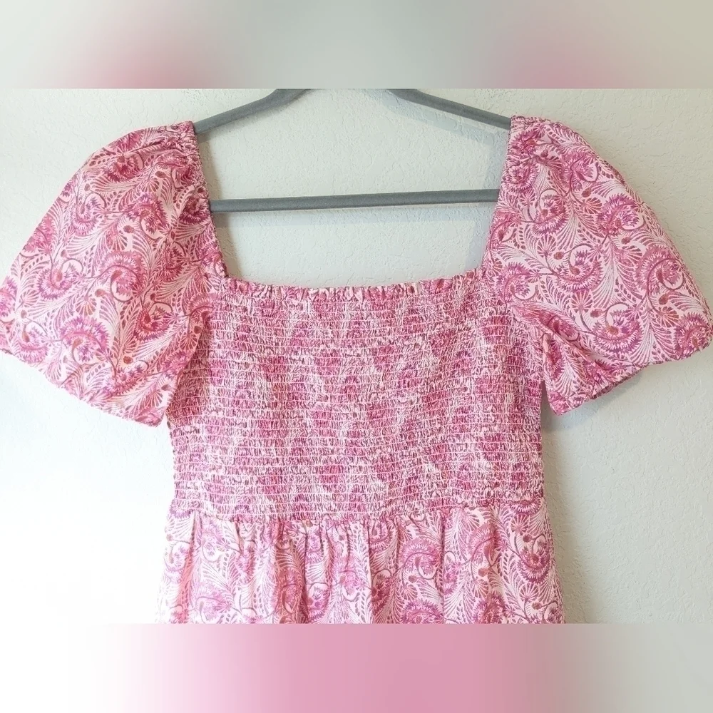 J. Crew Pink Floral Smocked Square Neckline Puff Sleeve Flowy Poplin Mini Dress